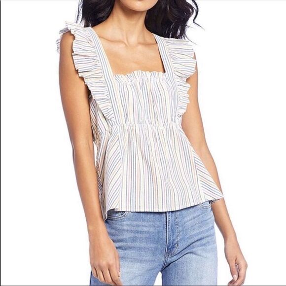 ELLA MOSS Striped Babydoll Top Square Neckline Flutter Sleeve Medium Large New - Picture 2 of 16